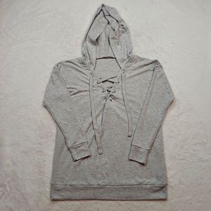 Avon Light Gray Lace Up Hoodie Sweatshirt Pull Over Size S (4/6)
